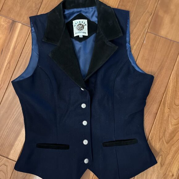 VTG VEST GRIZZLY OUTFITTERS BLACK LEATHER TRIM WOOL NAVY BLUE SIZE M (UV) - Picture 1 of 7